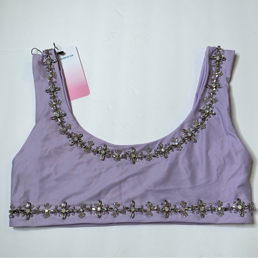 Oceanus Crystal Trimmed Purple Scoop Neck Bikini Top M/L